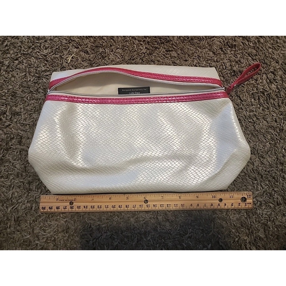 Lancome Makeup Bag White Pearl Color Faux‎ Snake Skin With Pink Accent